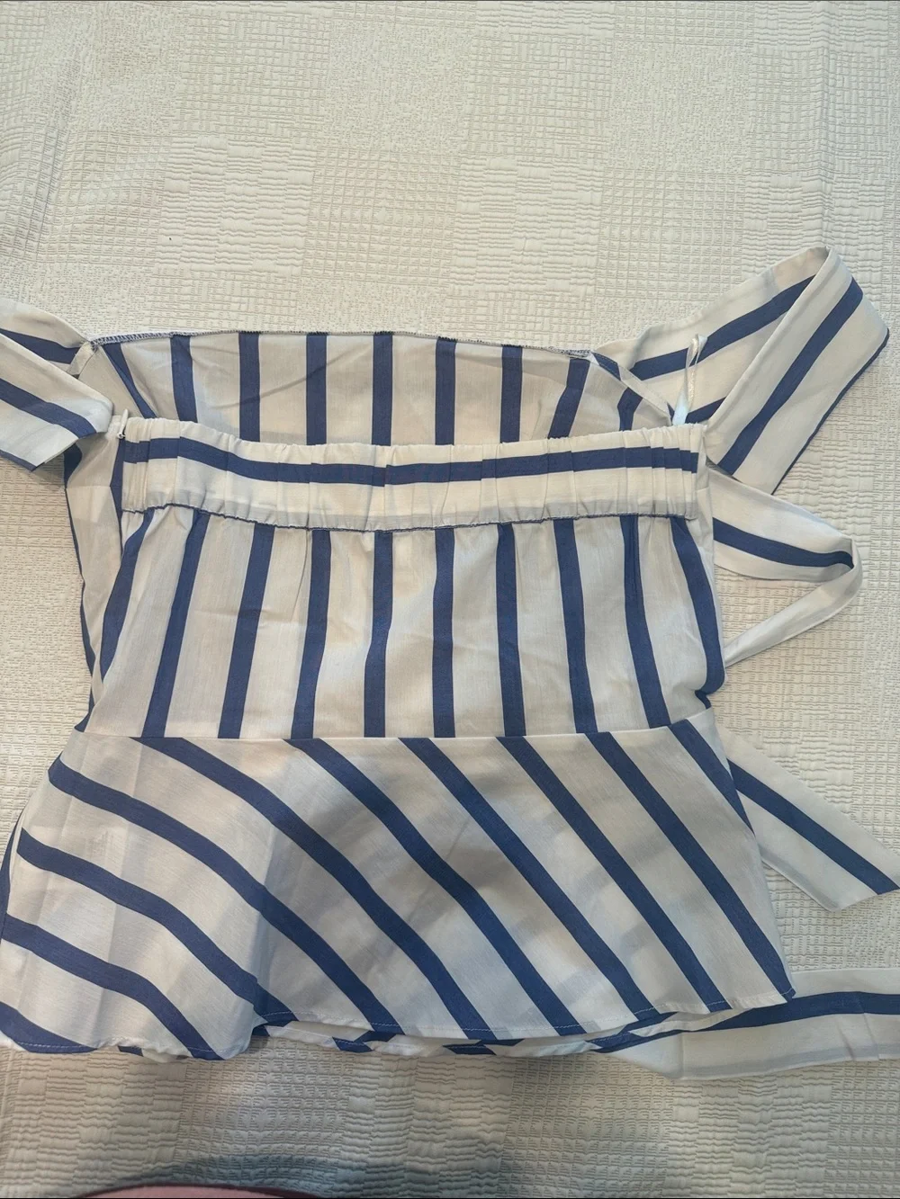 Express Women’s Navy and White Striped Off The Shoulder Top